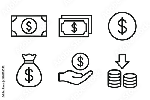 Line icons of money: cash, coins, bag, dollar symbols, hand with coin, savings