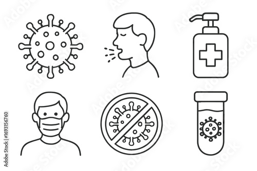 Line art covid-19 icons: virus, symptoms, prevention