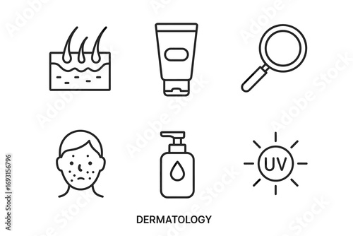 Dermatology icons: skin care, acne, uv protection, magnifying glass, lotion