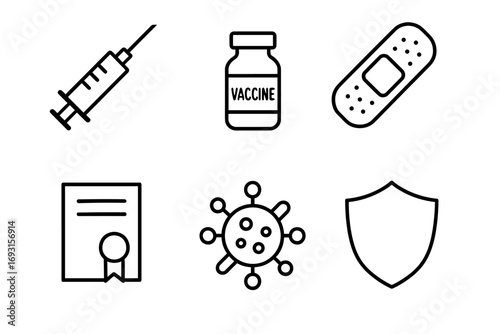 Vaccine syringe, bandage, certificate, virus, and shield icons
