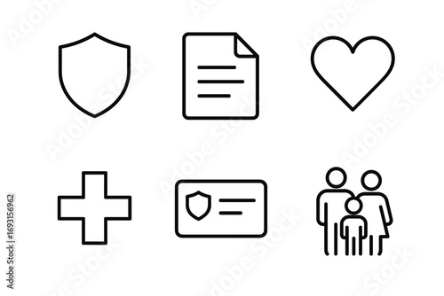 Health and security icons: shield, document, heart, plus sign, id card, family
