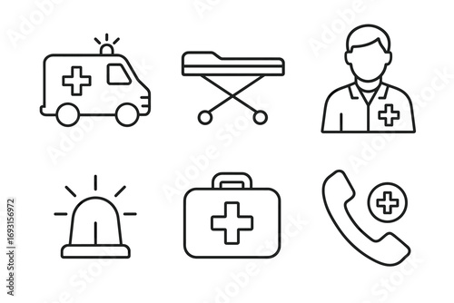 Medical emergency icons set: ambulance, stretcher, doctor, siren, first aid kit, phone
