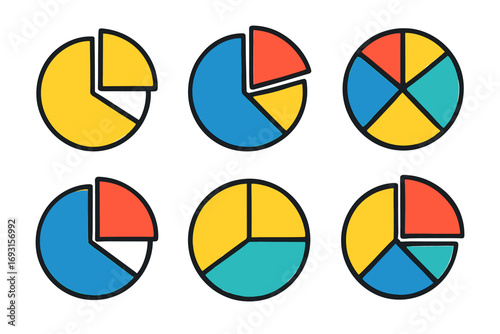 Colorful set of six pie charts with varied sections in yellow, blue, red, and green