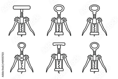 Set of six corkscrews: varied designs and styles in black outline