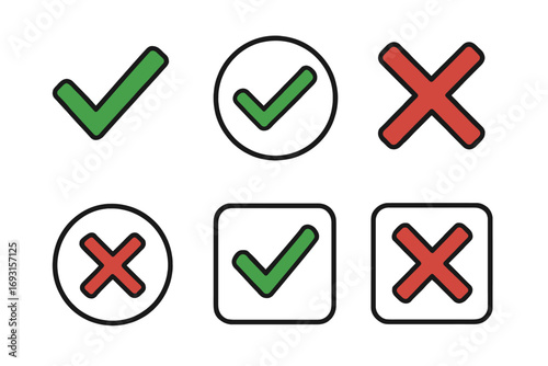 Green checkmarks and red crosses in circle and square icons on white background
