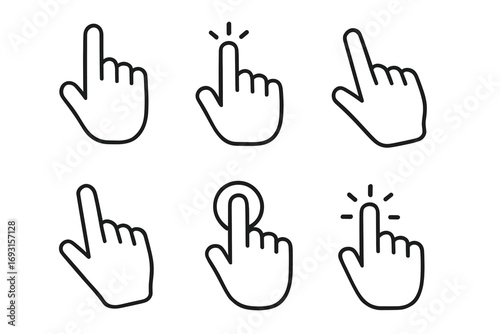 Outline icons of hand clicking gestures: six variations with pointing fingers