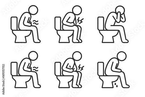Monochrome illustrations of digestive discomfort on toilet: stomach pain and indigestion symbols