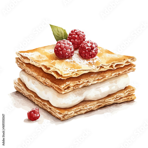 Mille-feuille, watercolor painting vector, isolated on a white background.