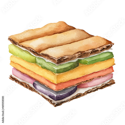 watercolor of Mille-feuille, vector, isolated on a white background.