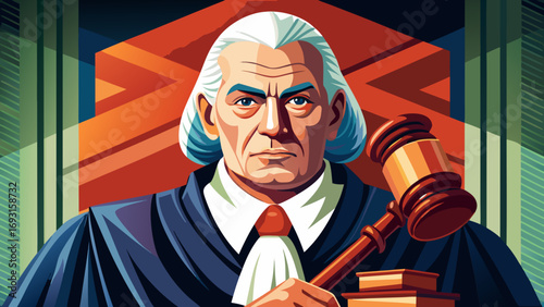 Close-up portrait of male judge holding gavel in hand. Isolated background emphasizes authority, justice, and solemn dignity of legal tradition.