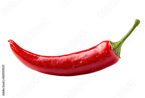 A vibrant, glossy red chili pepper, angled, and isolated against a black background. 