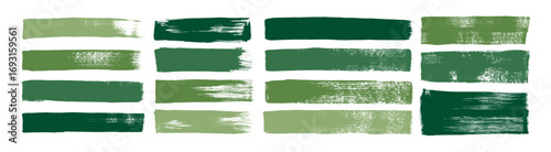 Organic straight brush tags with rough hand drawn texture. Grunge green long horizontal straight brush strokes. Bold organic smears and strokes, handmade stickers and eco labels.