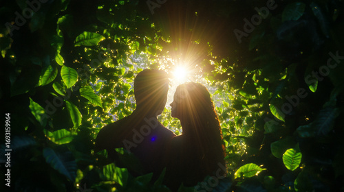 Adam and Eve in the Garden of Eden, dramatic cinematic lighting, rich chiaroscuro shadows, high-detail foliage textures, AI generated