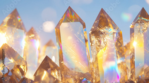 Close-up of healing crystals illuminated by golden sunlight, vibrant rainbow light refractions dancing across the scene, energetic and magical feel, AI generated