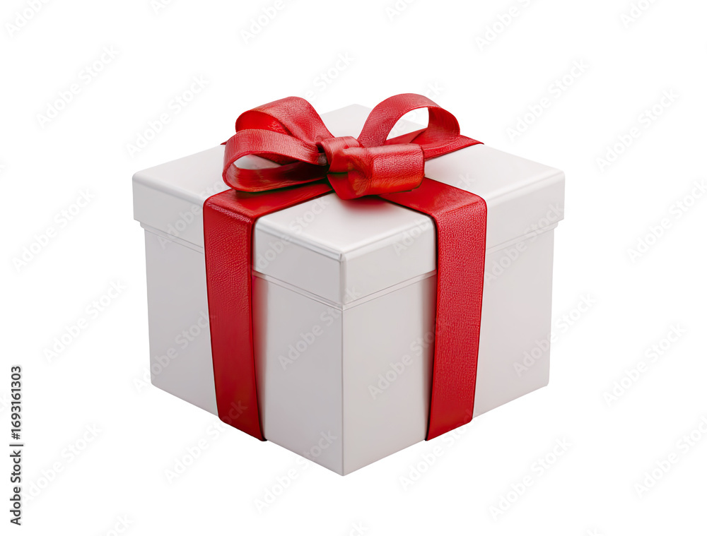 Obraz premium A white gift box with a red ribbon and bow