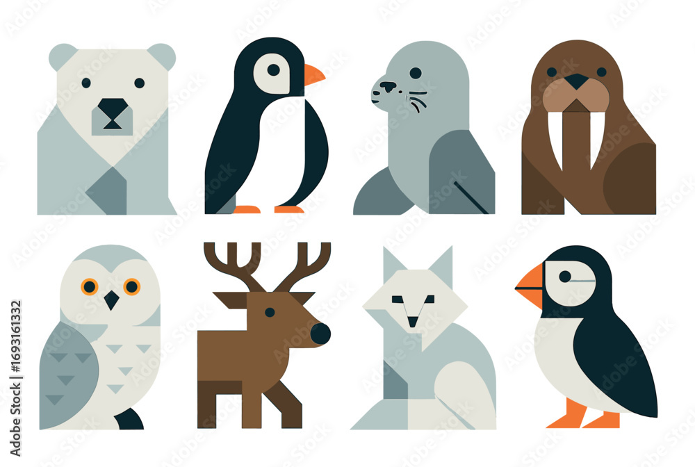 Fototapeta premium Arctic animals flat icon set. featuring polar bear, puffin, seal, walrus, owl, reindeer, fox symbols.