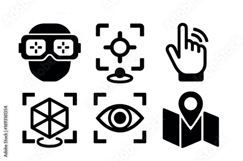 Virtual reality silhouette icon set. featuring headset, target, gesture, scan, vision, location symbols.