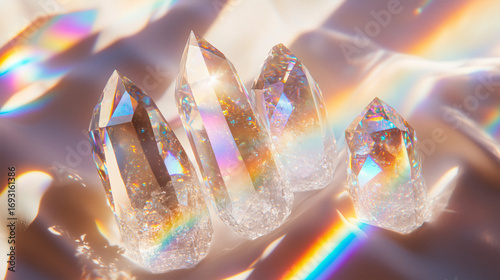 Healing crystals in sunlight with intense rainbow prism highlights, dramatic shadows and rich contrast