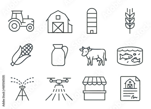 Agriculture linear icon set. featuring tractor, barn, silo, wheat, corn, milk, cow, fish, irrigation, and drone symbols.
