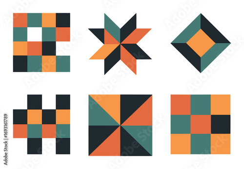 Geometric patterns silhouette icon set. featuring squares, stars, diamonds, and checkerboard shapes.