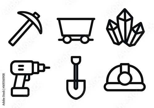 Mining equipment linear icon set. featuring pickaxe, minecart, crystals, drill, shovel, and helmet symbols.