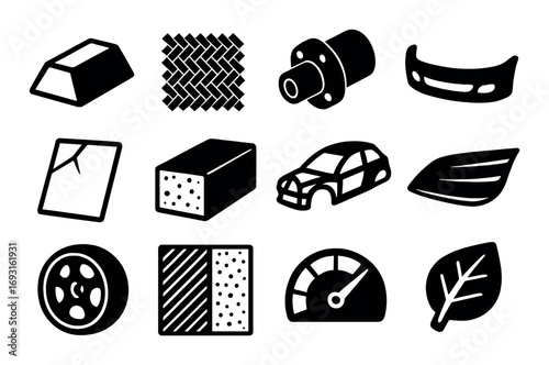 Automotive parts silhouette icons set. featuring turbo, speedometer, car, leaf, metal, fabric, and bumper symbols.