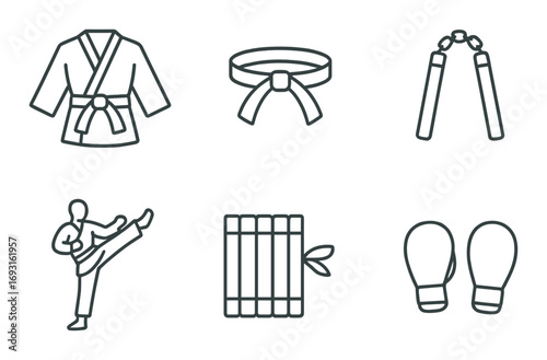 Martial arts linear icon set. featuring gi, belt, nunchaku, martial artist, tatami, gloves.