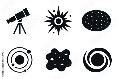 Astronomy and space silhouette icon set. featuring telescope, sun, star, galaxy, nebula, and asteroid.