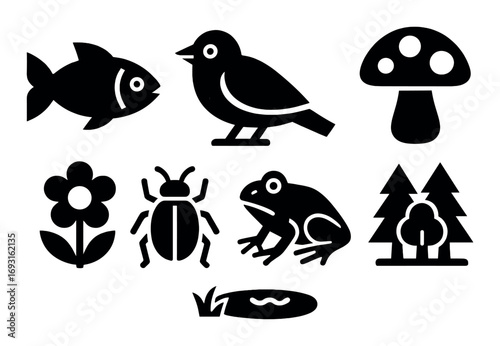Nature silhouette icon set. featuring fish, bird, mushroom, flower, insect, frog, trees, leaf.