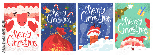 Santa greeting cards. Claus character merry christmas card cute design, xmas new year cartoon mascot gifts bag posters winter holiday party celebration, classy vector illustration