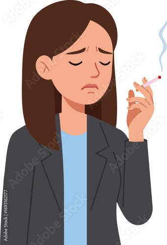 Woman with brown hair wearing black blazer smoking cigarette feeling stressed and unhappy vector illustration 