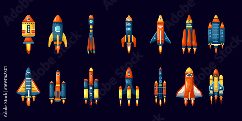 Cartoon rocket spaceships. Rocketships shuttle launch to space, spacecraft booster start up spaceship cosmic mission fly aerospace starcraft rockets kicky vector illustration