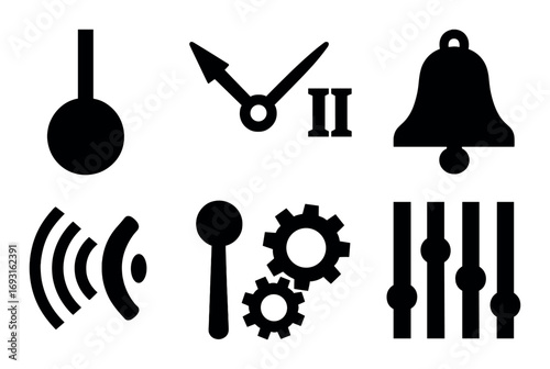 Music control silhouette icon set. featuring metronome, clock, bell, volume, sound, spoon, settings.