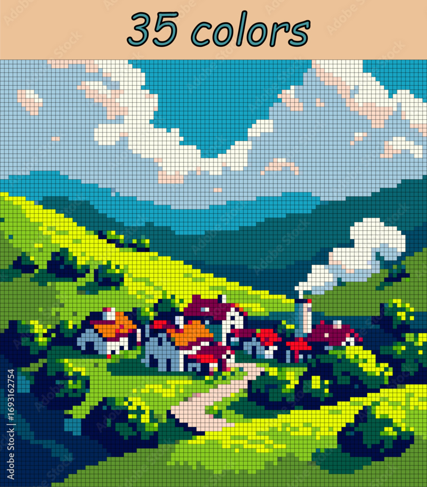 Obraz premium A lovely village in the meadows. Landscape pixel art vector 100x100 squares for paint by numbers – color grid illustration with clean, smooth squares and overlaid grid for antistress coloring book.