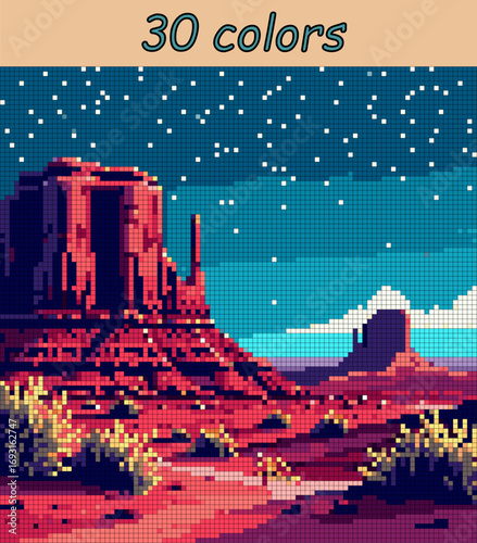 Sky are strewn with stars in desert Landscape pixel art vector 100x100 squares for paint by numbers – color grid illustration with clean, smooth squares and overlaid grid for antistress coloring book.