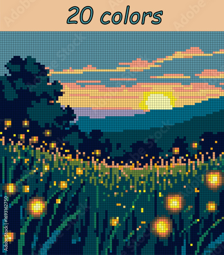 Field of fireflies, sunset. Landscape pixel art vector 100x100 squares for paint by numbers – color grid illustration with clean, smooth squares and overlaid grid for antistress coloring book.