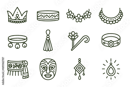 Traditional accessories linear icon set. featuring crown, mask, necklace, pendant, tassel, and brooch symbols.