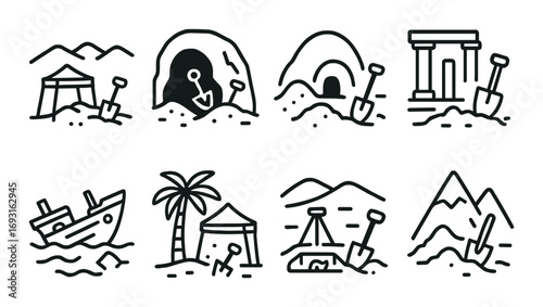 Archaeology linear icon set. featuring tent, cave, ancient ruins, shipwreck, and excavation symbols.