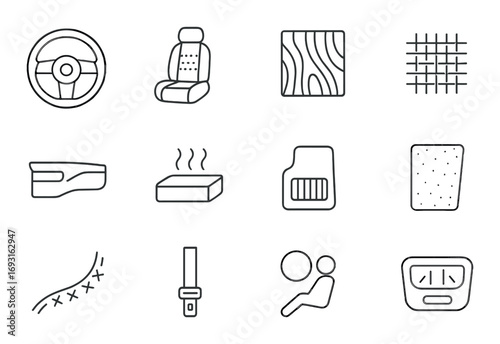 Car interior linear icon set. featuring steering wheel, seat, mat, dashboard, and more symbols.
