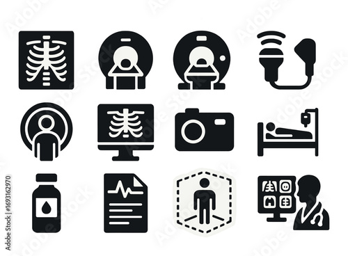 Medical equipment silhouette icon set. featuring x-ray, mri, ct scan, ultrasound, patient, and stethoscope symbols.