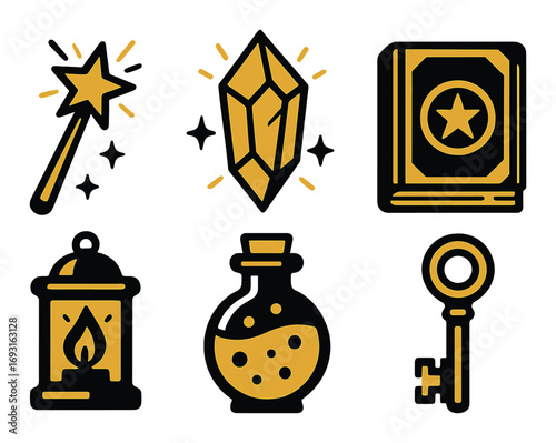 Magic items silhouette icon set. featuring wand, crystal, book, lantern, potion, and key symbols.