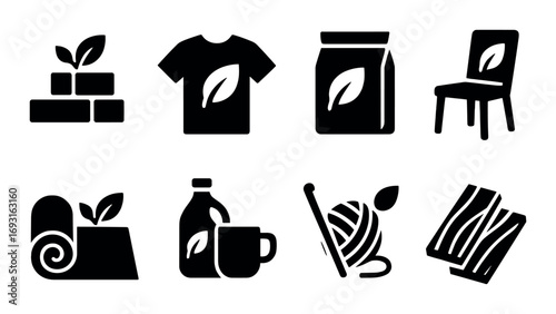 Eco-friendly product silhouette icon set. featuring brick, shirt, bag, chair, mat, bottle, cup, yarn, paper symbols.