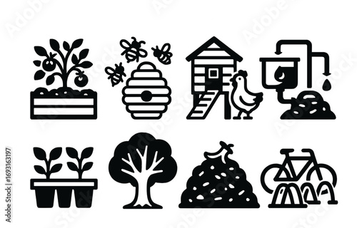 Gardening and farming silhouette icon set. featuring bees, beehive, chicken coop, compost, water tank, planters, tree..