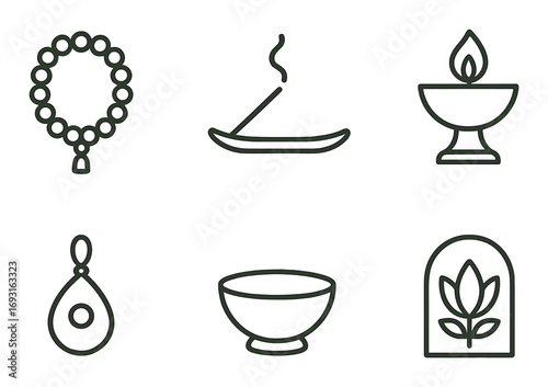 Spiritual objects linear icon set. featuring rosary, incense, candle, amulet, bowl, and leaf symbols.