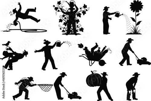Silhouettes of gardening and outdoor activities, watering plants, mowing lawn, carrying harvest, farming, nature work, gardener with tools, outdoor chores