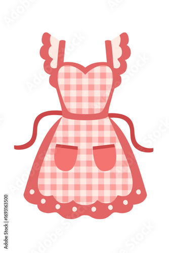 Pink gingham kitchen apron with ruffled trim and polka dot border. Traditional cooking wear with checkered pattern and decorative details. Feminine vintage style for home baking. Vector illustration