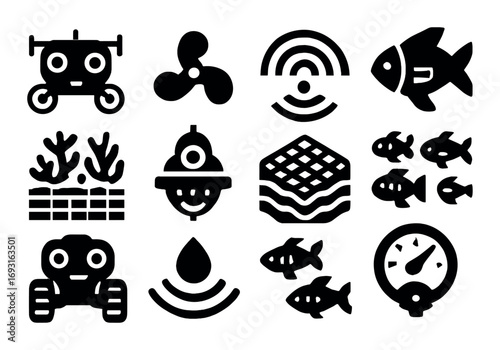 Aquaculture silhouette icon set. featuring robot, fan, radar, fish, coral, hydrant, layers, water, meter symbols.