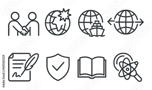 Business and travel linear icon set. featuring handshake, world map, shipping, globe, document, shield, book, and science symbols.