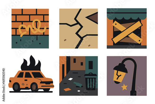 Urban decay flat icon set. featuring wall graffiti, cracked pavement, boarded-up window, burning car, alley trash, broken streetlight..