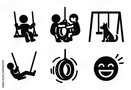 Playground activities silhouette icon set. featuring swing, tire swing, seesaw, and happy face symbols.